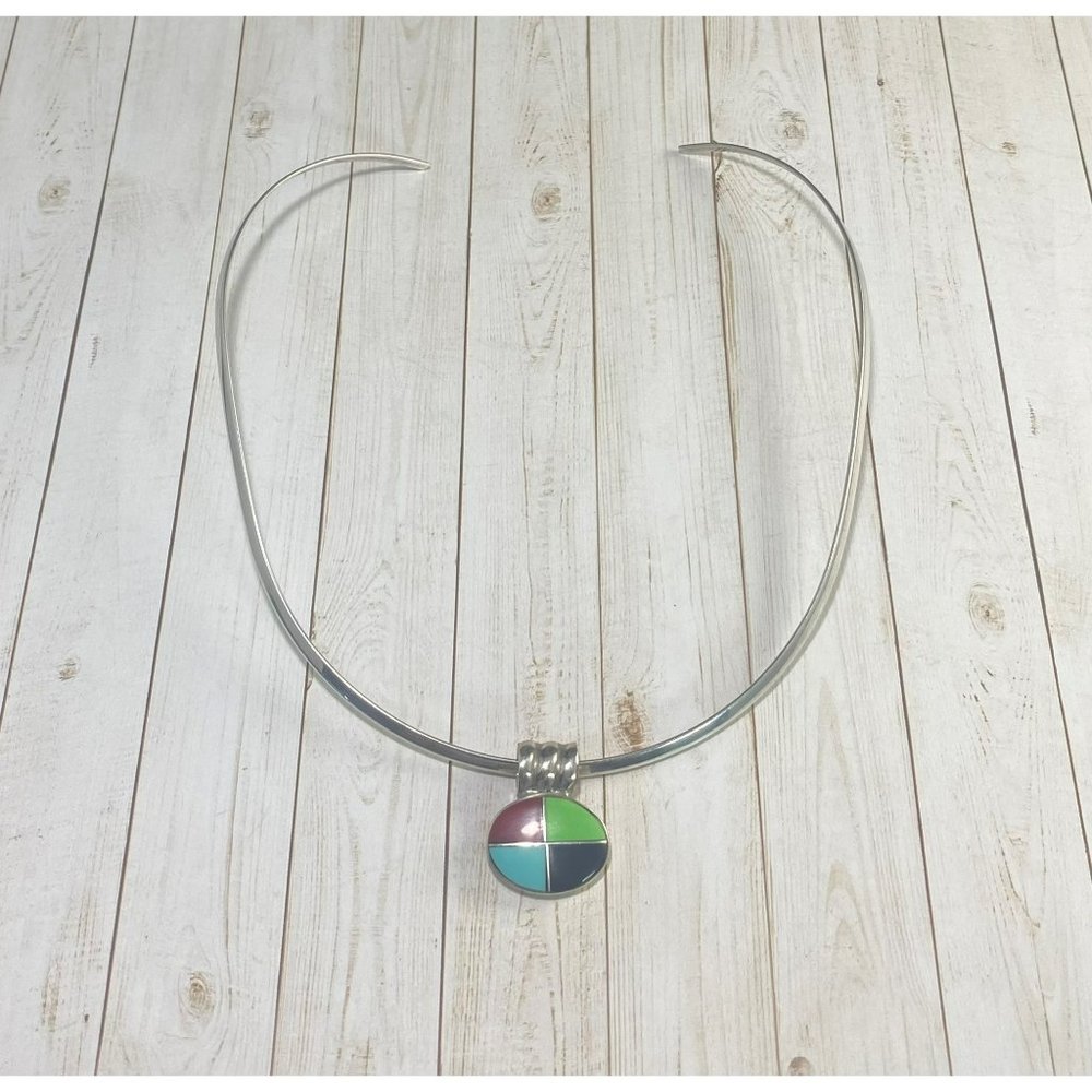 Vintage 925 Choker Necklace Multi Gemstone Pendant Modernist 15 inches - Picture 2 of 7